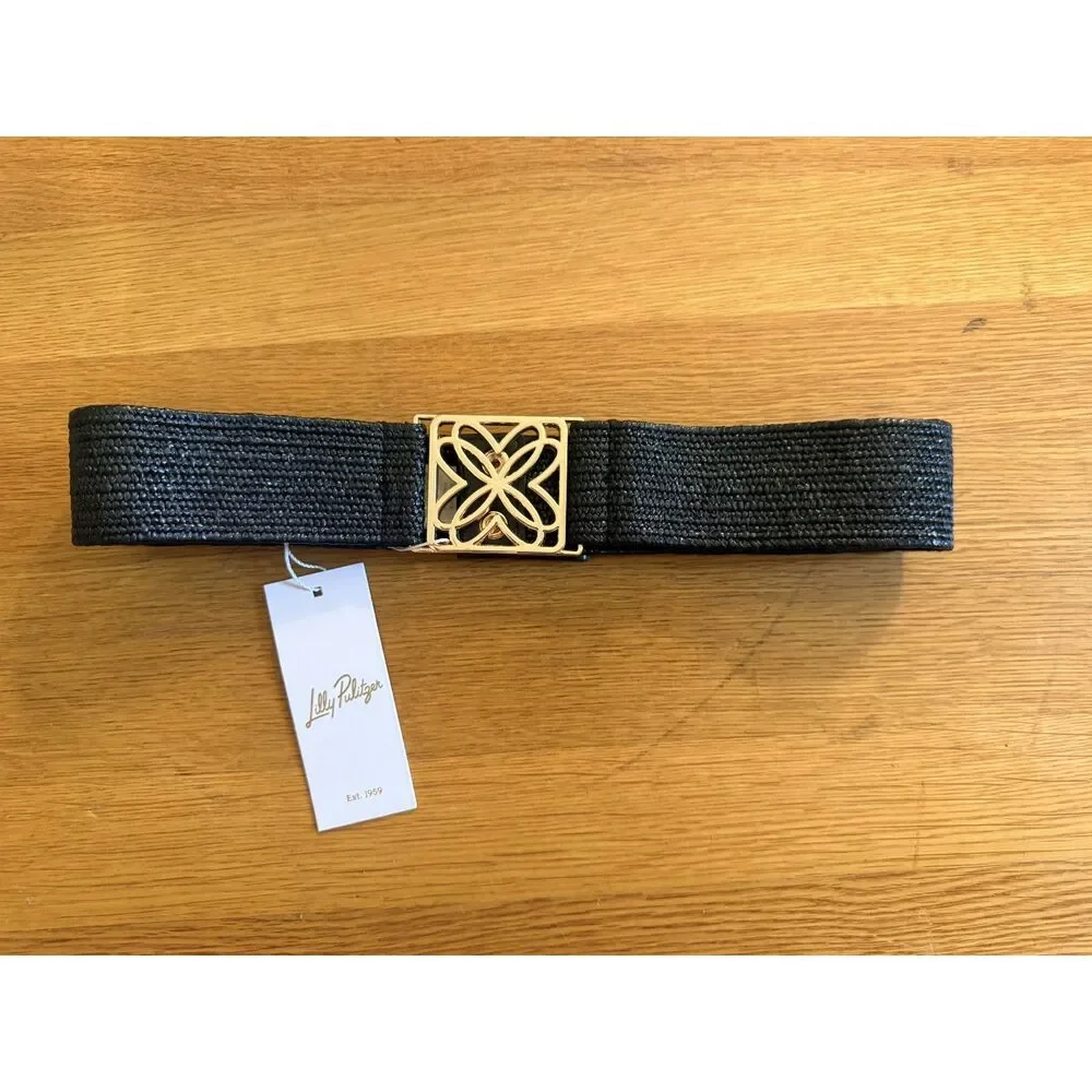 NWT Lilly Pulitzer Arta Stretch Raffia Belt Black Gold Logo Buckle S/M